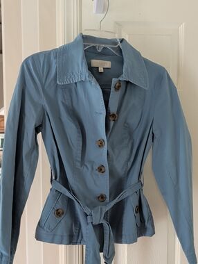 Talbots Dusty Blue Button-Front Belted Trench Jacket